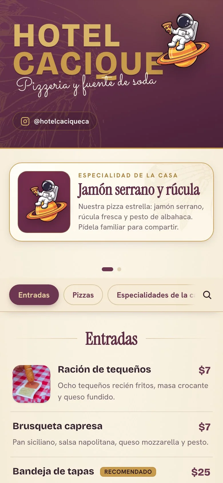 Portada de la carta de Hotel Cacique con su astronauta