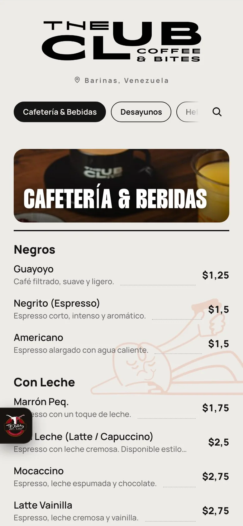 Portada de la carta de The Club Coffee & Bites